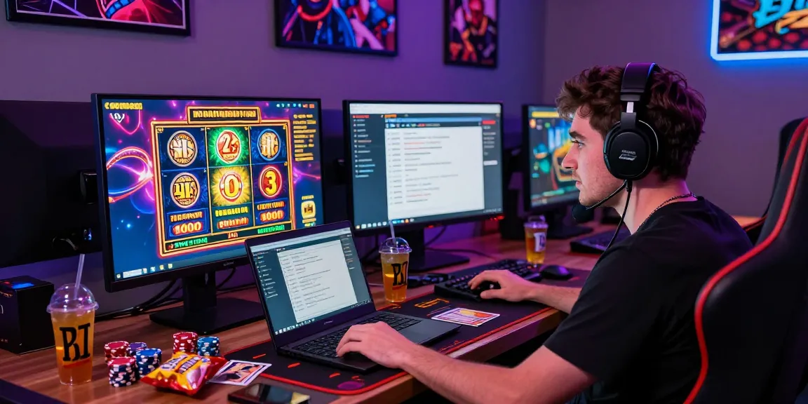 Player engaging in exciting online slot deposit 1000 gameplay, vibrant gaming setup with snacks and drinks.