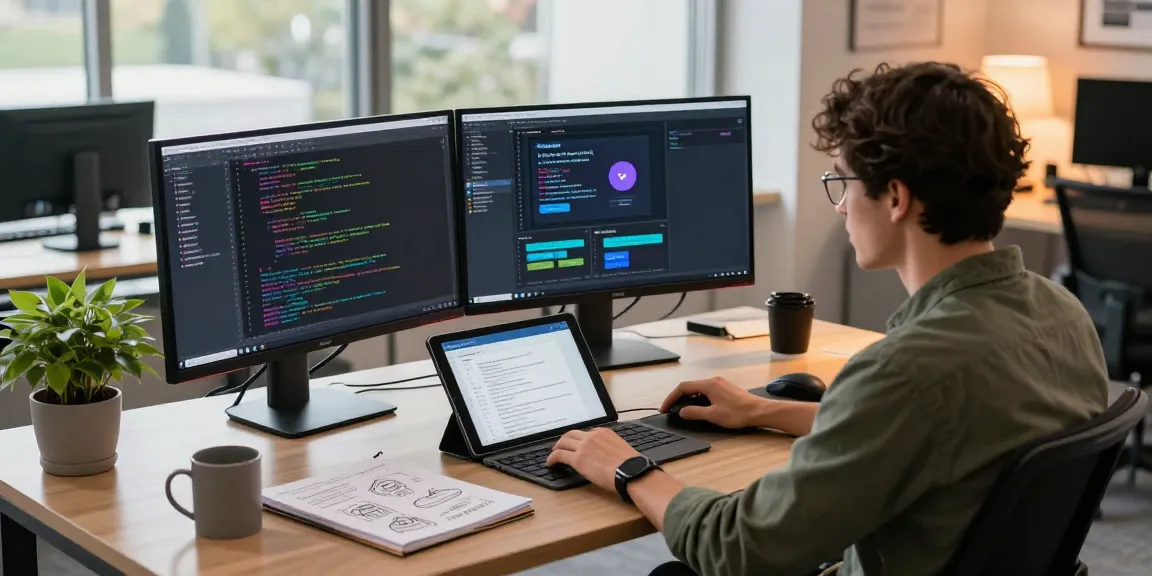 Focused developer enhancing telegram中文 interface in modern workspace with dual monitors.