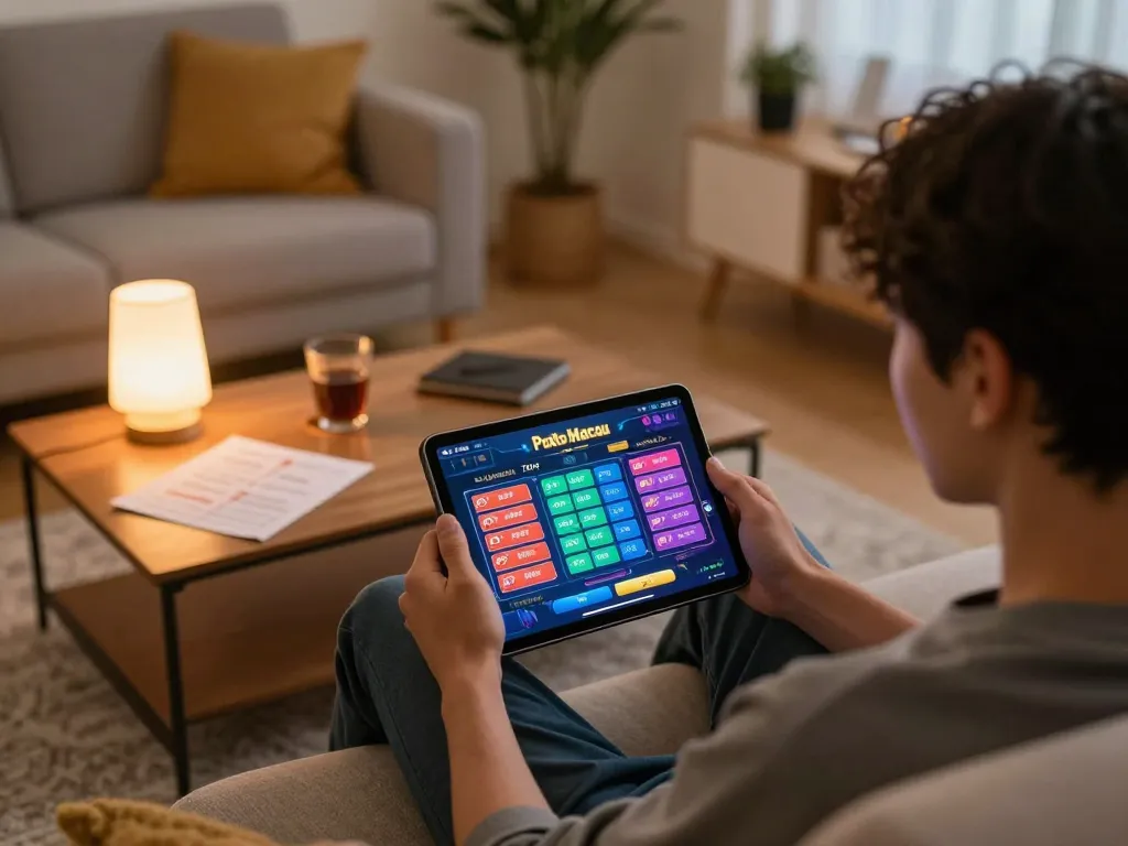 Paito macau displayed on a tablet in a cozy home setting, showcasing online gambling strategy.