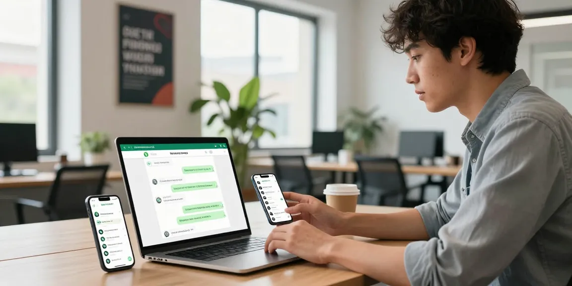 Engaged user navigating WhatsApp網頁版 on a laptop in a modern office.