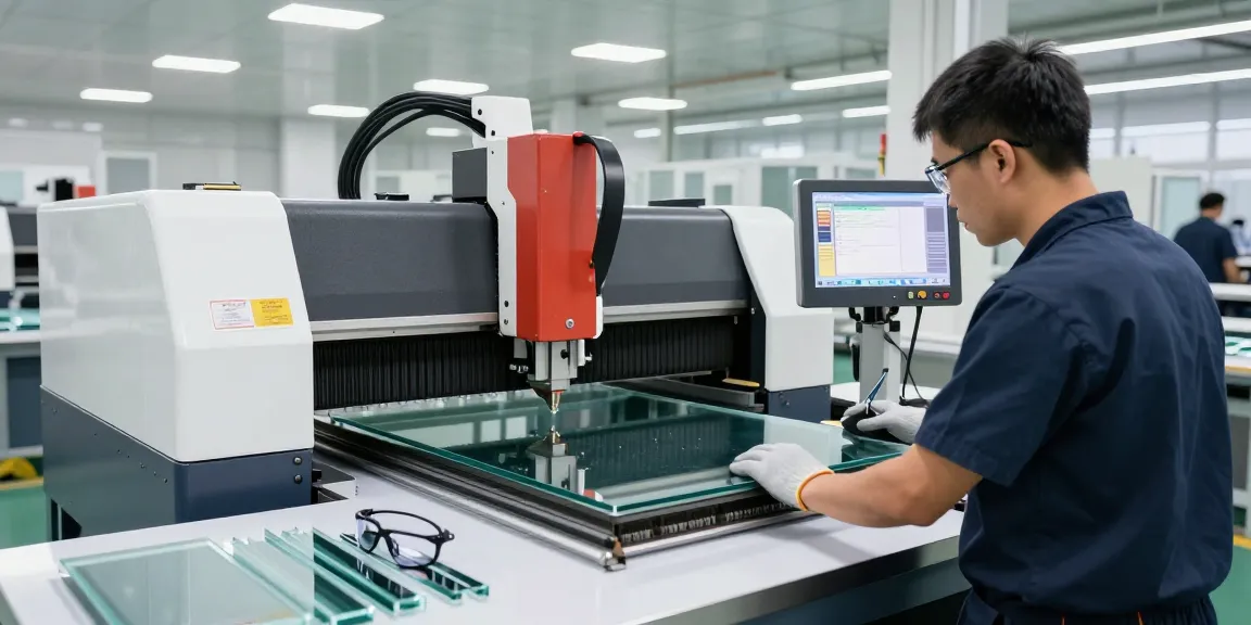 CNC glass cutting machine in operation by a skilled technician, ensuring precise cuts with advanced technology.
