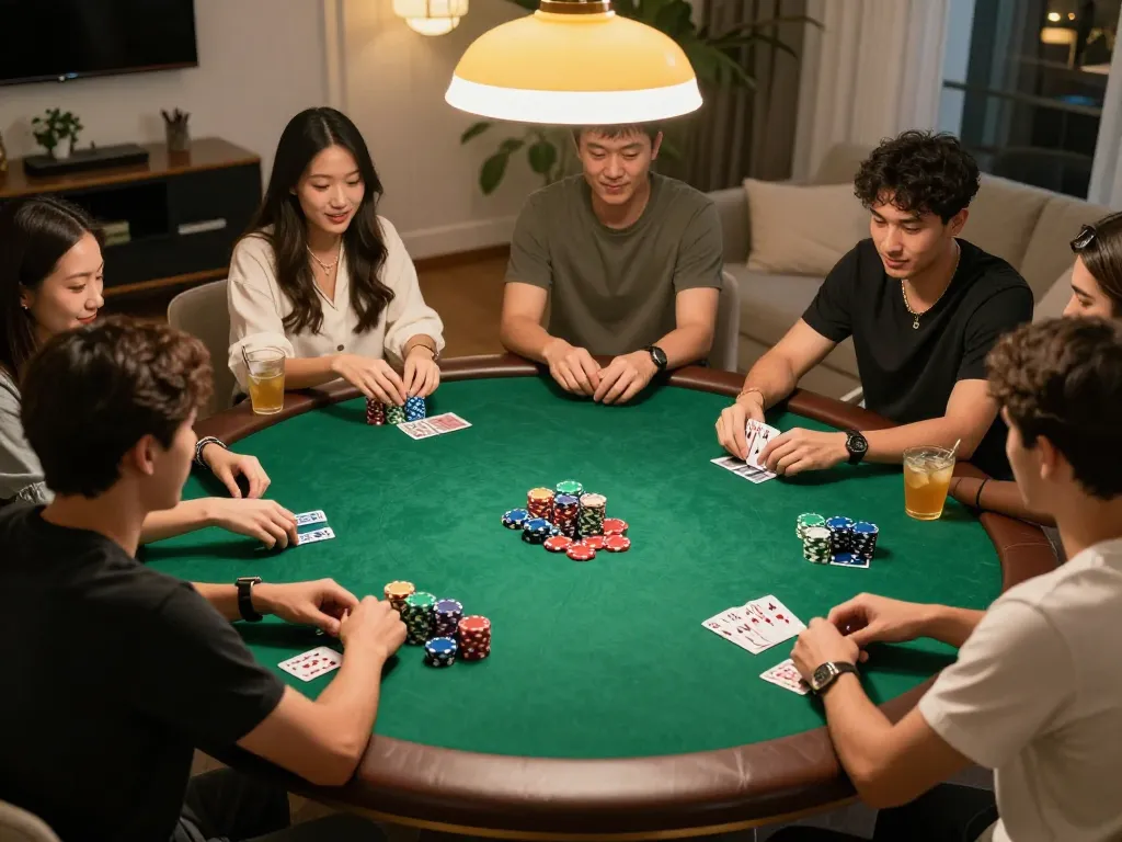 Engaged players enjoying MM88 poker night with vibrant chips and warm ambiance