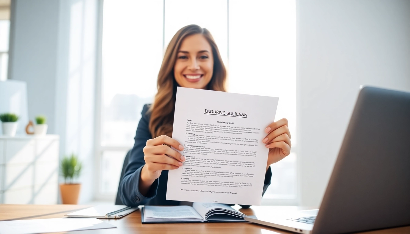Highlighting an Enduring Guardian document with a professional legal advisor in a bright office.