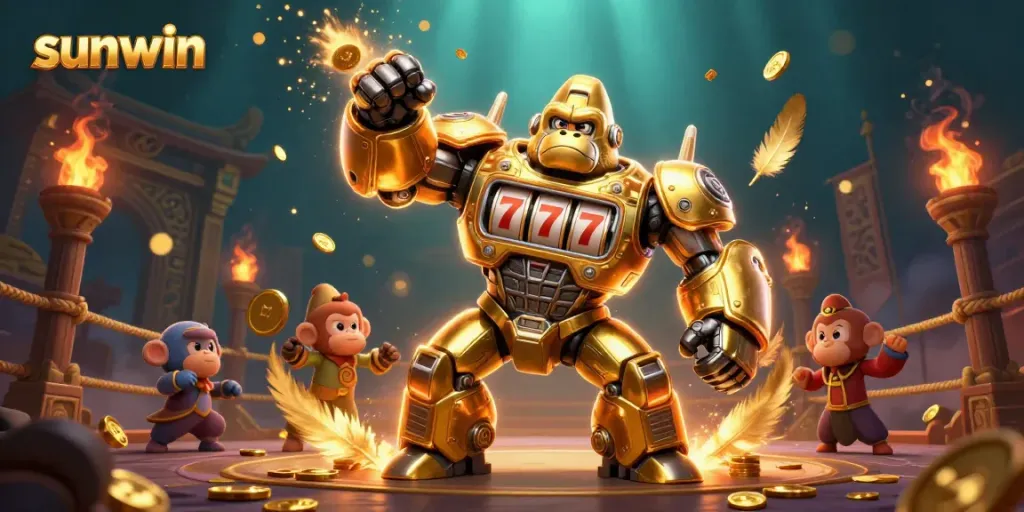 Experience vibrant gaming action at sunwin with a golden gorilla mech, slot machine parts, and flying coins.