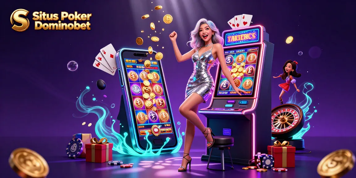 Situs Poker Dominobet showcases a vibrant casino scene with an Asian woman celebrating a slot win amidst dynamic gaming elements.