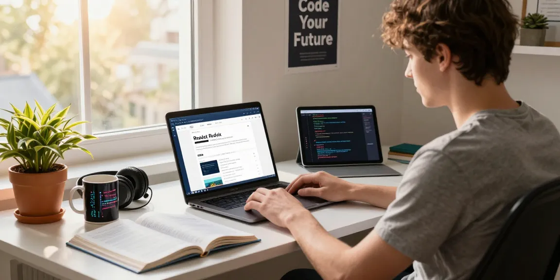 Focused student engaging with a React and Redux course online in a cozy home office.