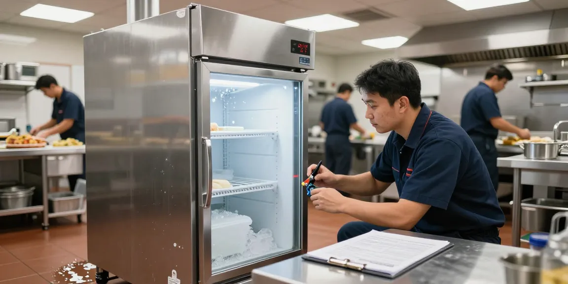 Commercial Freezer Repair technician inspecting freezer in a busy kitchen during service.