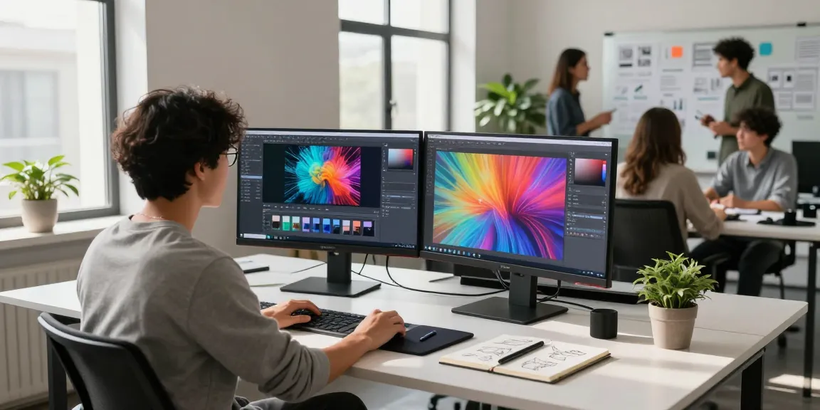 Designer using nano banana pro in a modern office with AI images on screens.