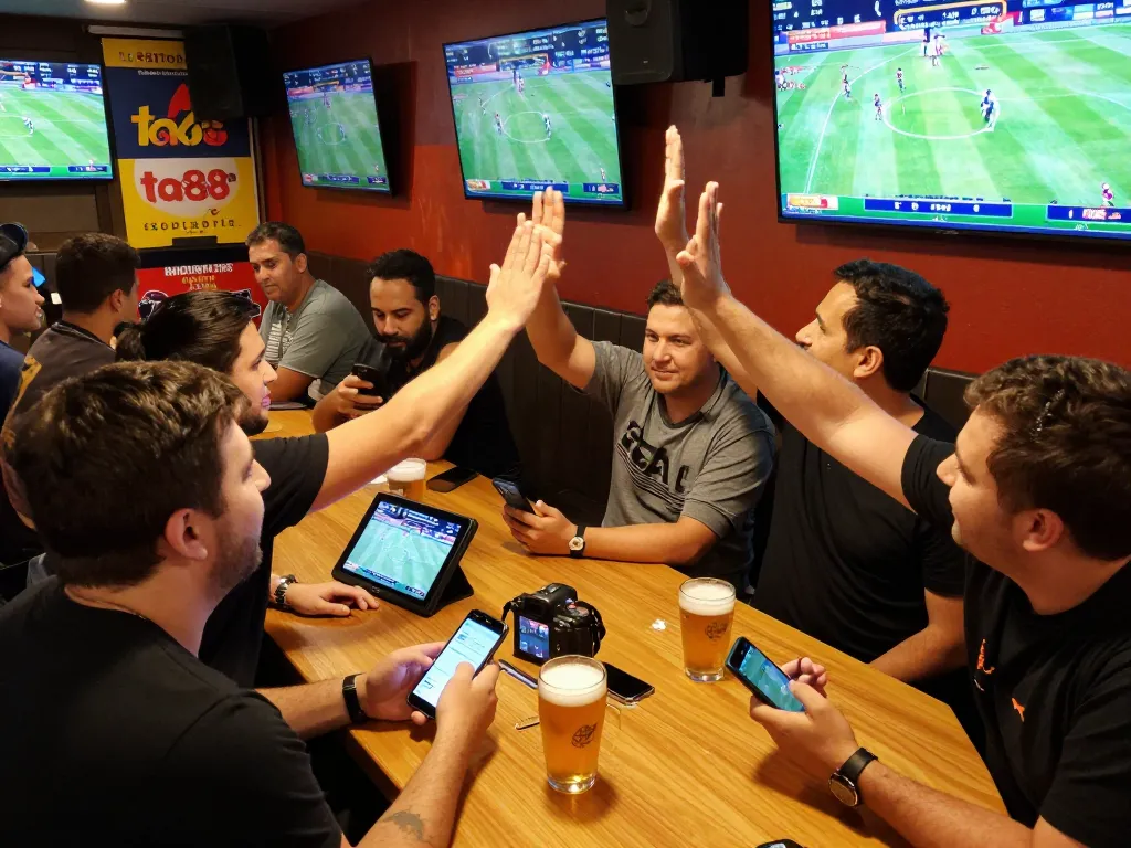 Betting enthusiasts celebrate a win at ta88 during a live sports event, capturing the excitement.