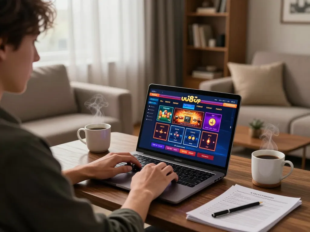 Player engaging with uu88 vip online casino on laptop at home, warm ambiance and gaming strategy notes visible.