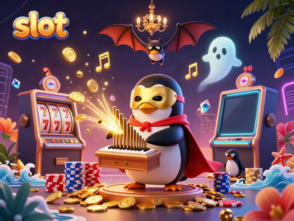 Engage in thrilling slot gaming with the phantom penguin orchestrating golden riches and fiery action.