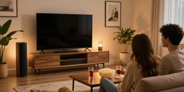 Cozy living room with a Vision Speaker and a couple enjoying a movie night.