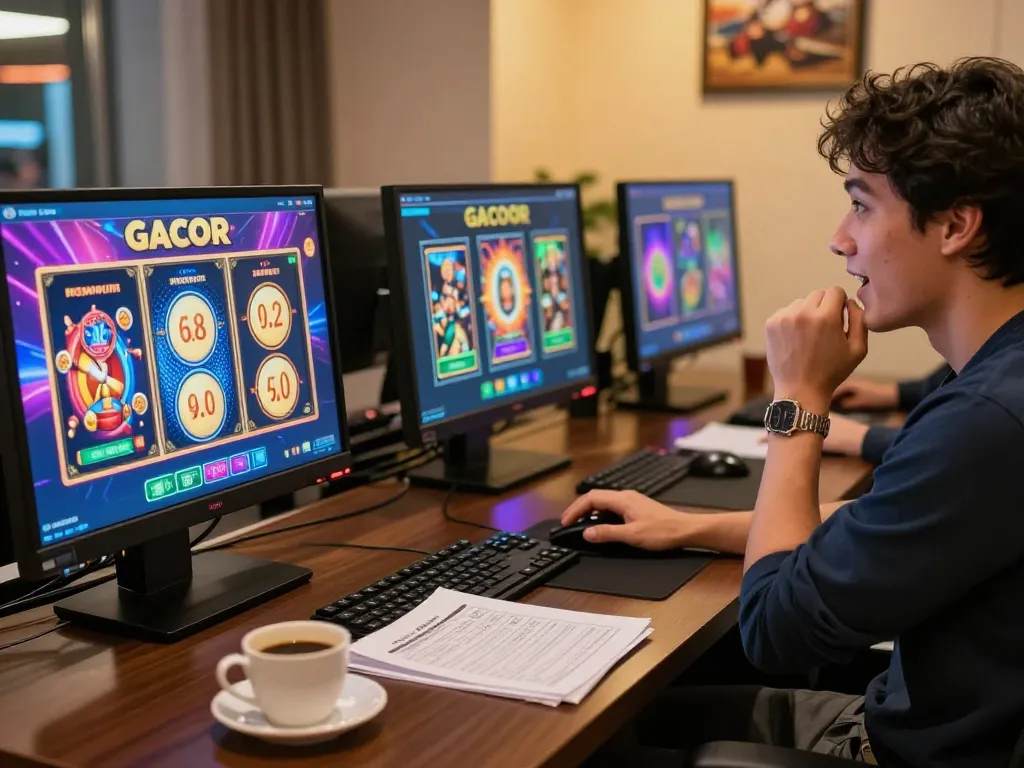 Engaging gameplay with slot gacor interface on a laptop, showcasing responsible gambling habits and strategic focus.