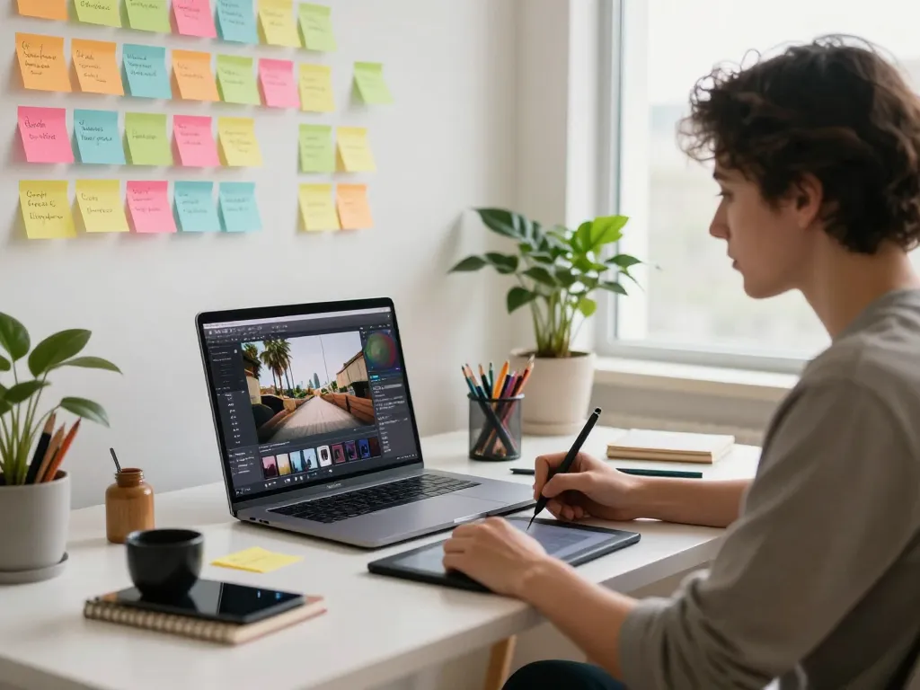 Generate video to prompt in a modern creative workspace with an AI video interface.