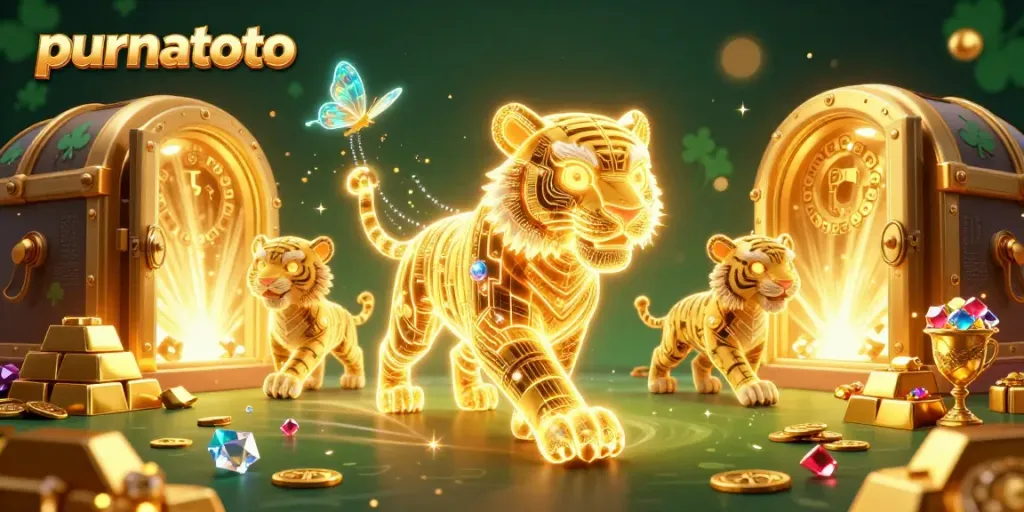 Mainkan purnatoto dengan suasana kasino digital yang megah, menampilkan harimau emas dan harta berkilau.