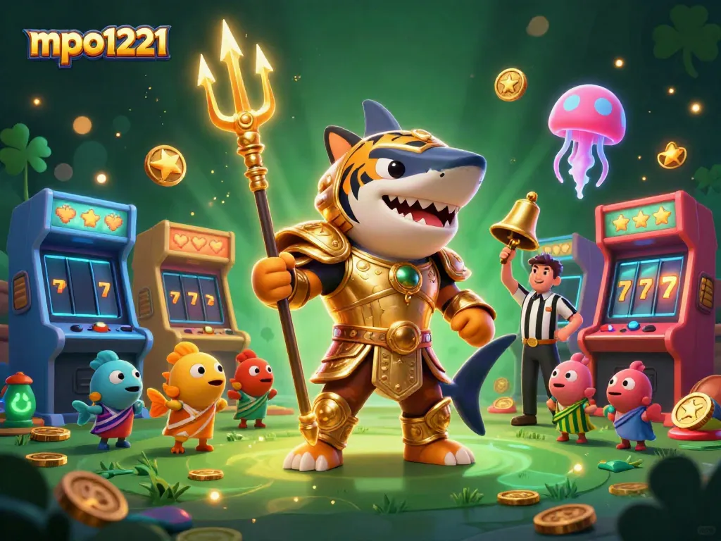 MPO1221 showcases an underwater gaming arena with a tiger shark in golden armor among vibrant slot machines.