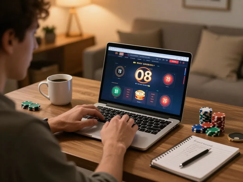 Player enjoying O8 online gaming with poker chips and strategy notes in a cozy home office setting.