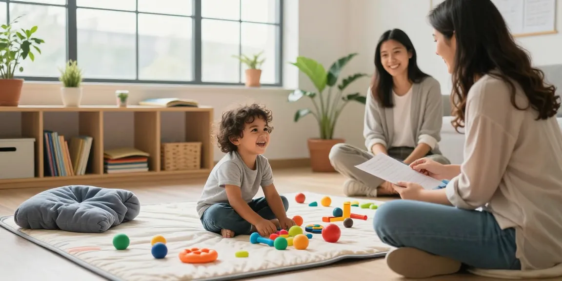 Child engaging in DIR Floortime therapy session with therapist, colorful toys and nurturing environment.