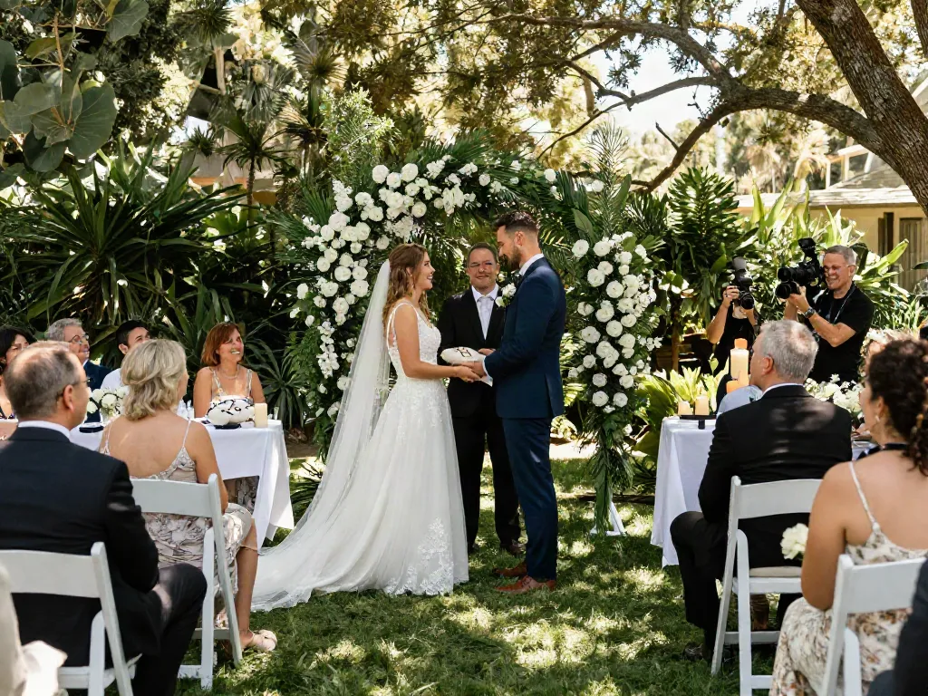 Dunedin wedding photographer capturing a couple exchanging vows in a lush outdoor setting.