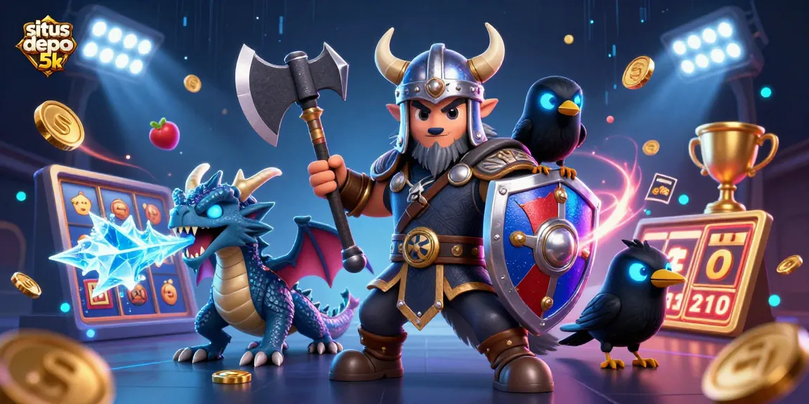 Memenangkan permainan situs depo 5k dengan simbol slot kelapa dan jackpot menarik dalam ilustrasi 3D yang kaya detail.