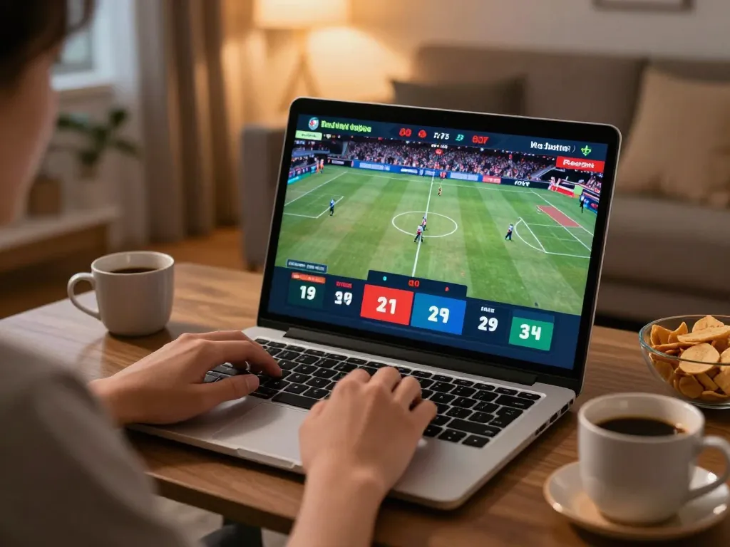 Person actively betting on vaobet while watching live sports on a laptop in a cozy setting.