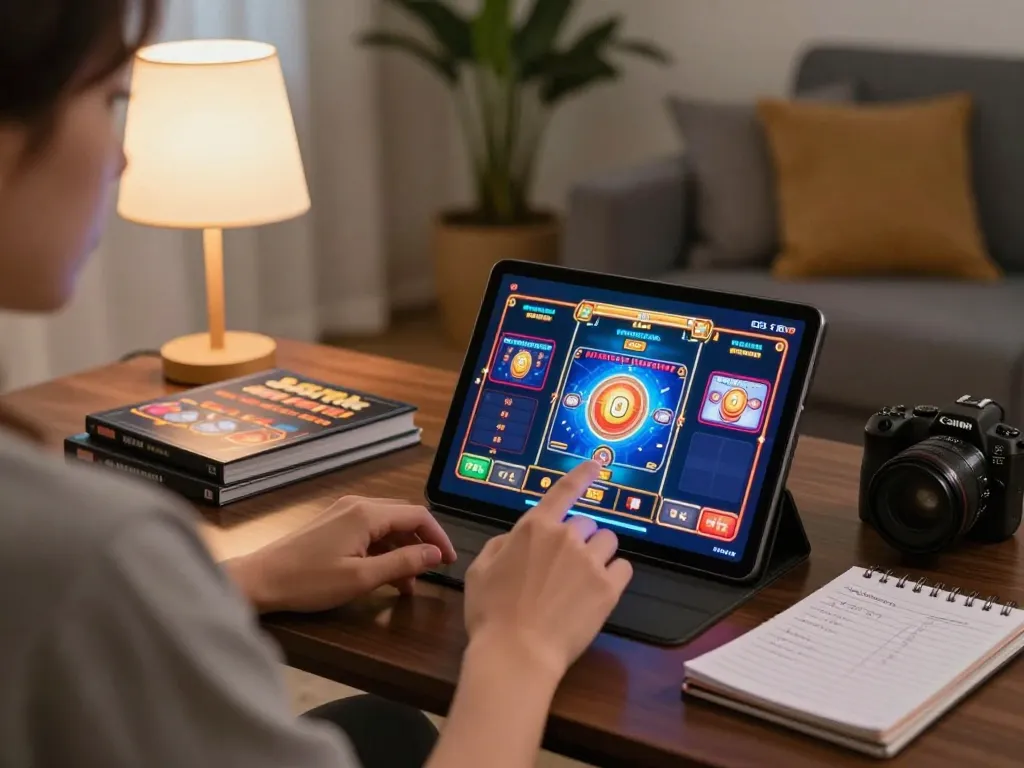Tham gia trò chơi casino trực tuyến tại nhà với máy tính bảng luckywin, trình bày giao diện máy đánh bạc đầy màu sắc.