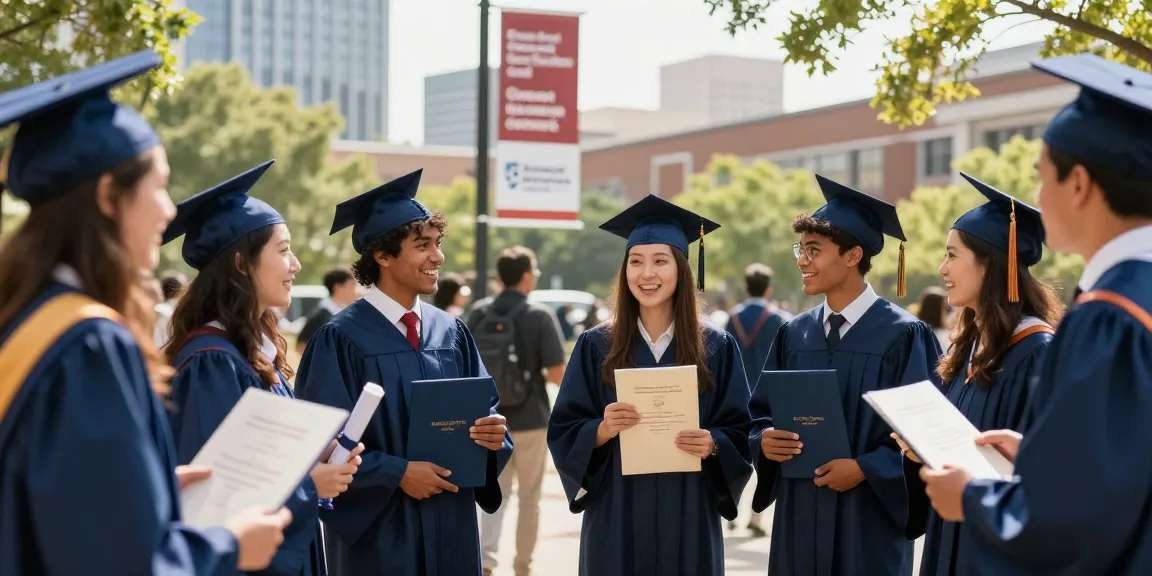 University and trade schools graduates celebrating achievements outdoors with diplomas, urban backdrop, and community spirit.