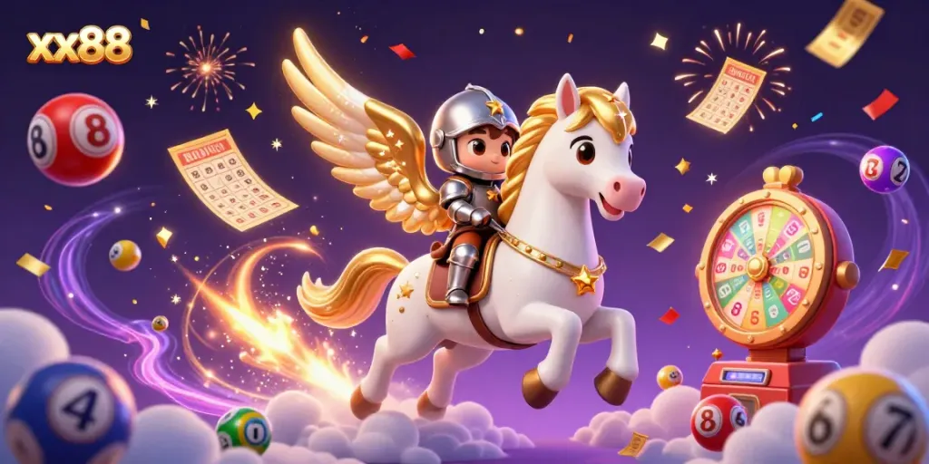 Experience the thrill of xx88 with a celestial scene featuring a golden-winged horse, colorful lottery elements, and energetic celebration.