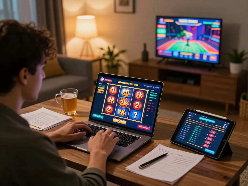 A player engaging with slot deposit 2k gaming on a laptop while taking strategic notes in a cozy home environment.