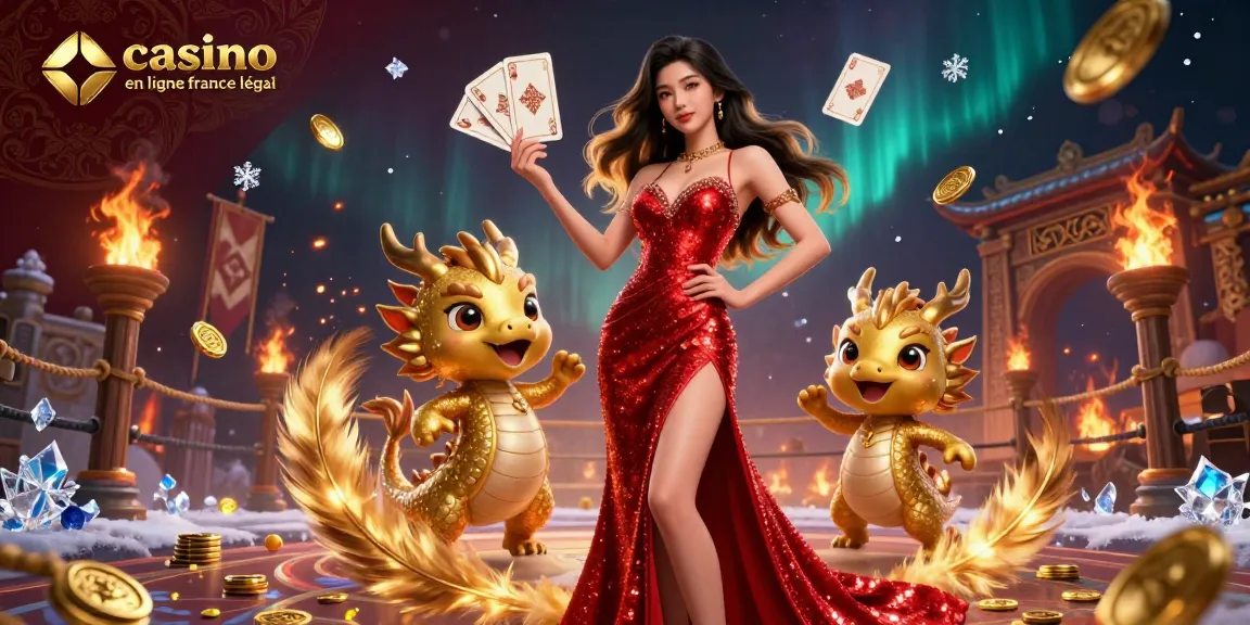 Bienvenue au casino en ligne France légal, mettant en vedette une femme asiatique glamour et un dragon doré parmi des éléments de casino vibrants.