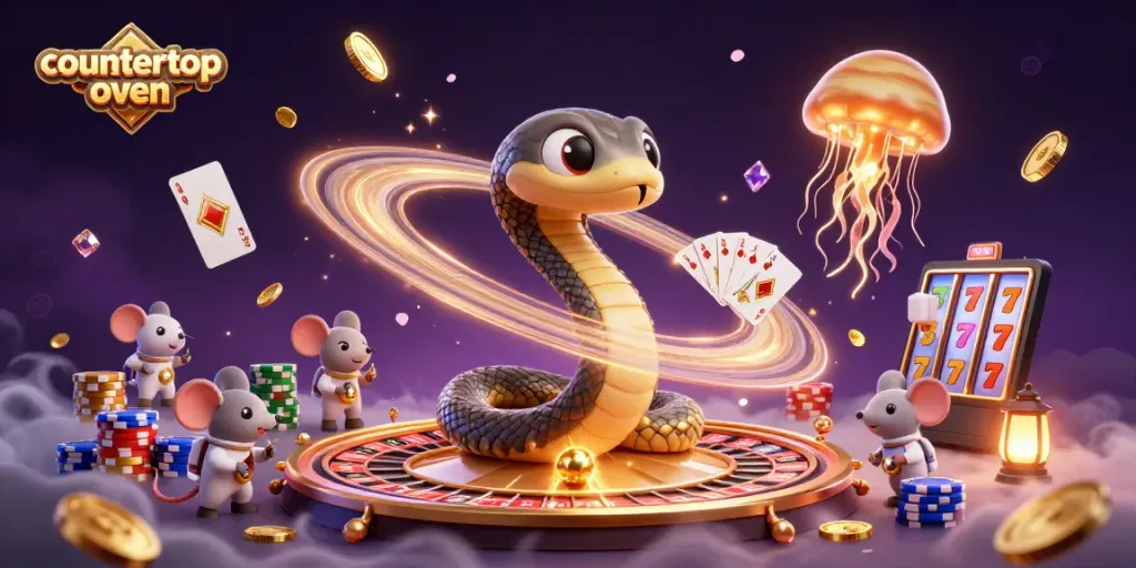 Engage with the countertop oven's winning odds amid a cosmic roulette scene filled with cosmic characters and casino elements.