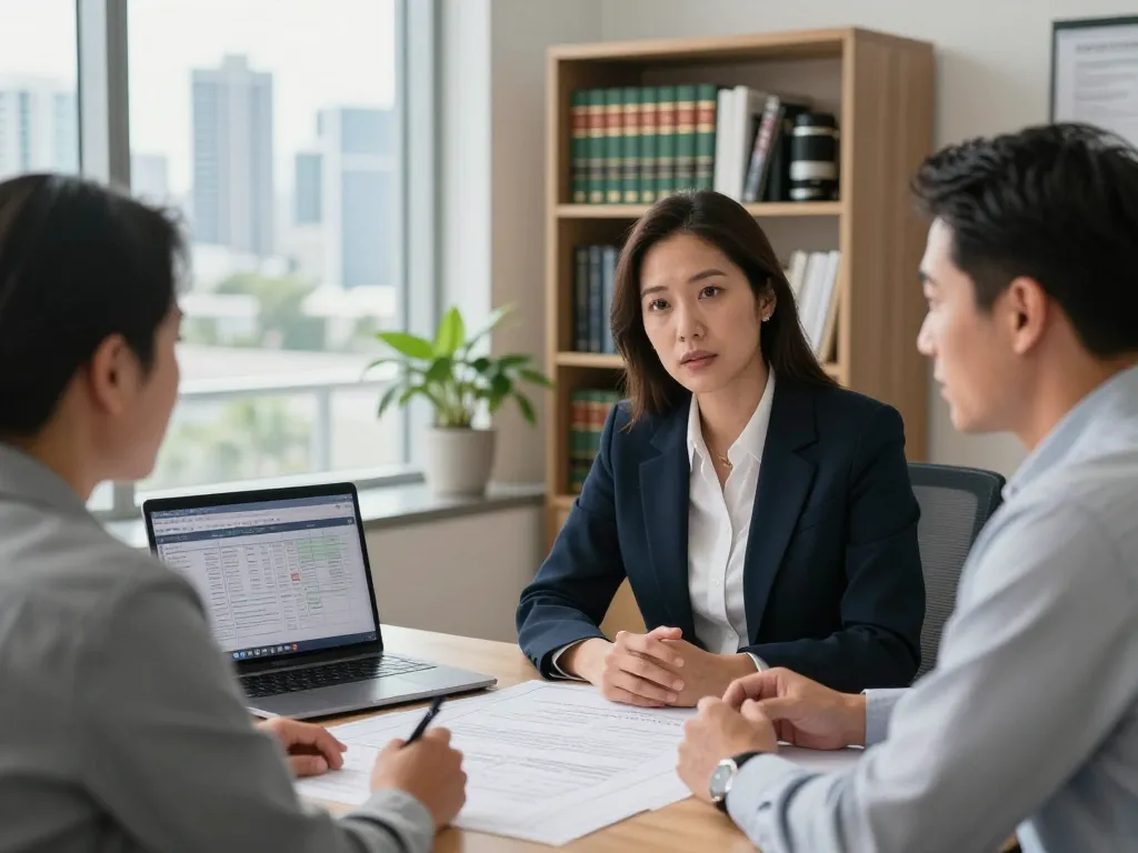 Boca Raton Construction Litigation Lawyer consulting with contractor over blueprints and legal documents in a modern office.