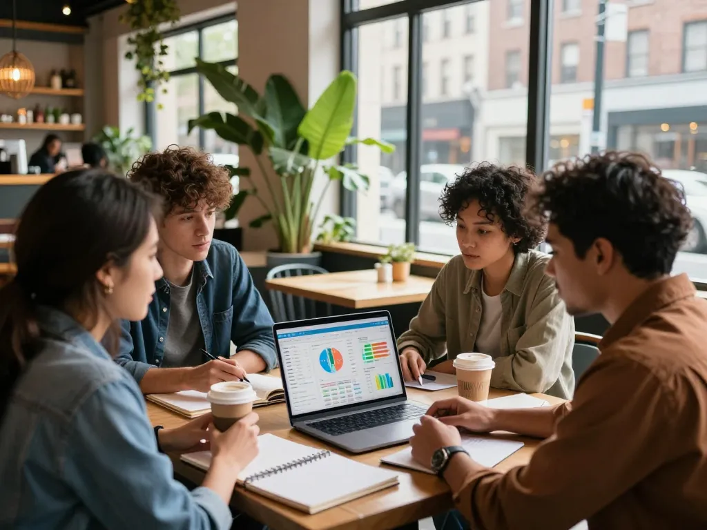 Local SEO NYC collaboration scene in a café, highlighting diverse business owners strategizing with digital marketing experts for growth.