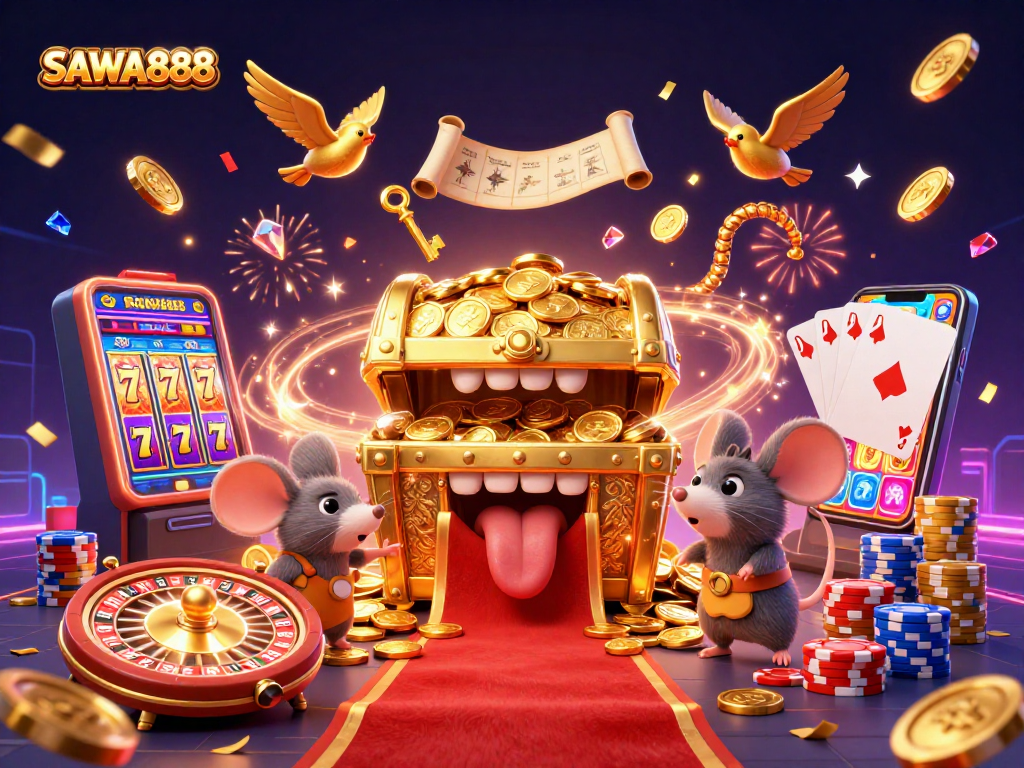 Engaging scene of SAWA888 depicting adventure mice drawn to a treasure chest with slot machine reels and colorful elements.