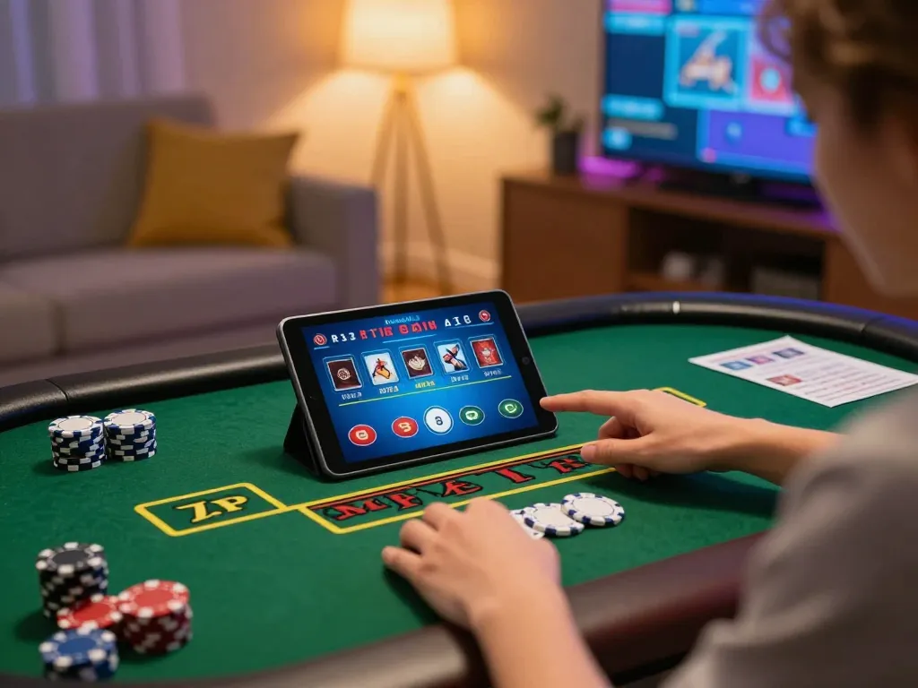 Betting strategies in action at home with Onbet live dealer game on tablet.