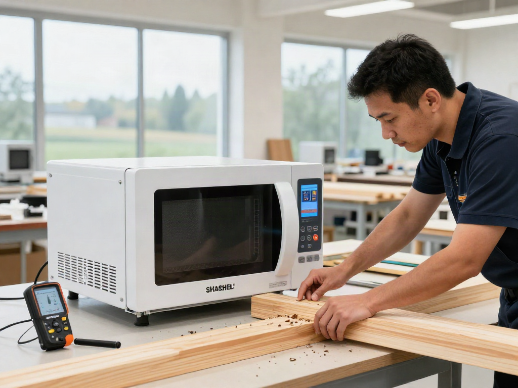 Technician using SHASHEL® microwave device for effective woodworm elimination in a modern workshop.