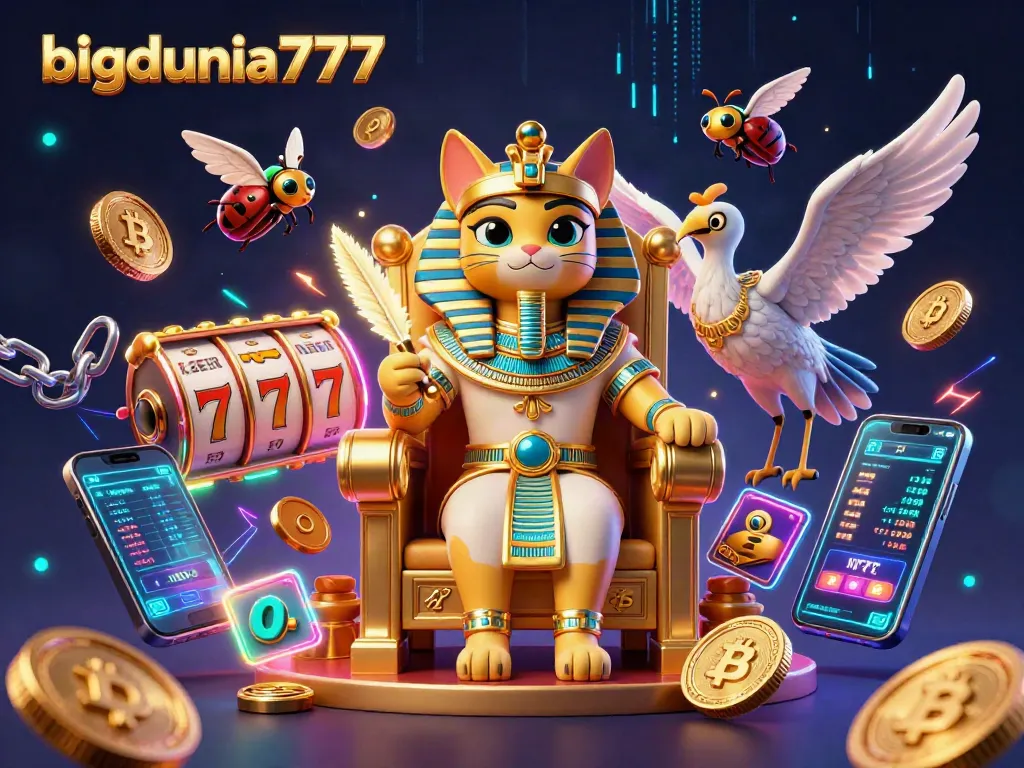Engage with bigdunia777 through 3D cartoon pharaoh cat illustration showcasing iconic casino elements