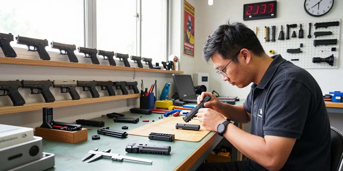 Precision gunsmith working on Glock slides at https://precisionglockslides.com, showcasing detail-oriented customization in a bright workshop.