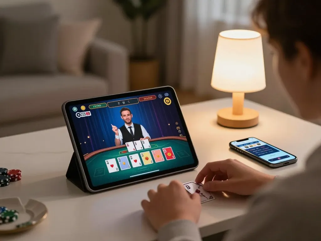 PHTAYA user enjoying a live dealer game on tablet in a cozy home setup with strategic elements.