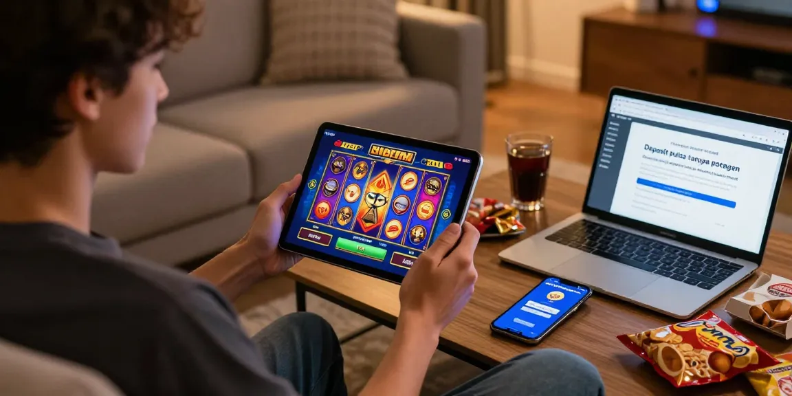 Engaging gaming scene featuring a user playing slot games with deposit pulsa tanpa potongan on a tablet, cozy atmosphere.