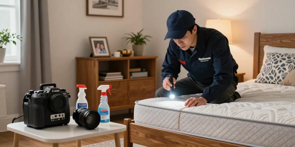 Professional conducting bed bug removal inspection in cozy Milwaukee bedroom, showcasing effective pest control solutions.