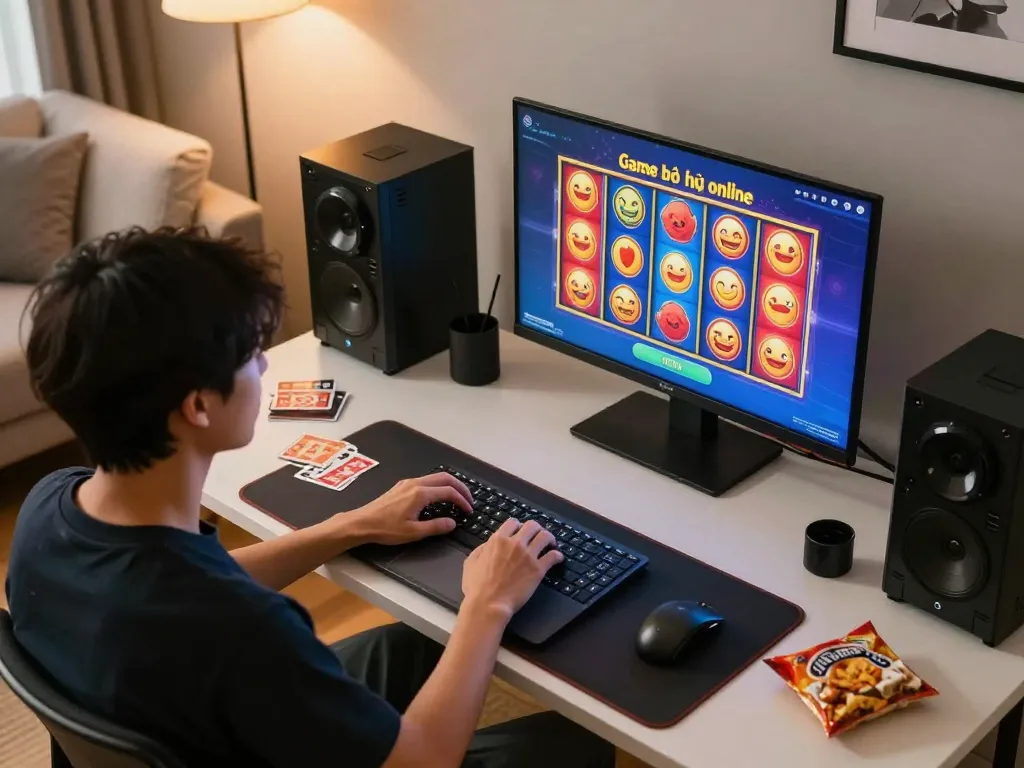 Engaging in Game bài nổ hũ online from a cozy home setup, showcasing a vibrant gambling experience.