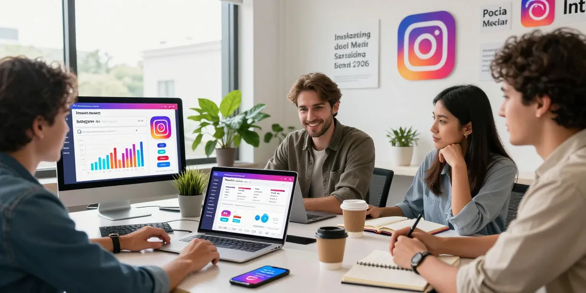 Digital marketing consultant analyzing how to buy real Instagram followers in a modern office setting with vibrant visuals.