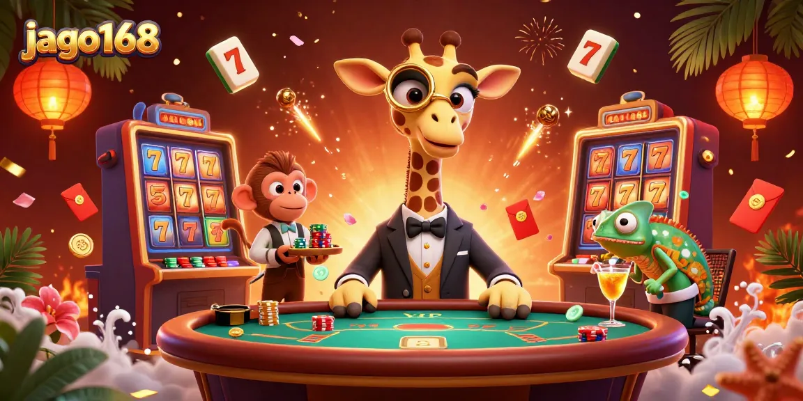 Experience thrills with jago168 in a vibrant casino scene featuring a giraffe, monkey, and chameleon.