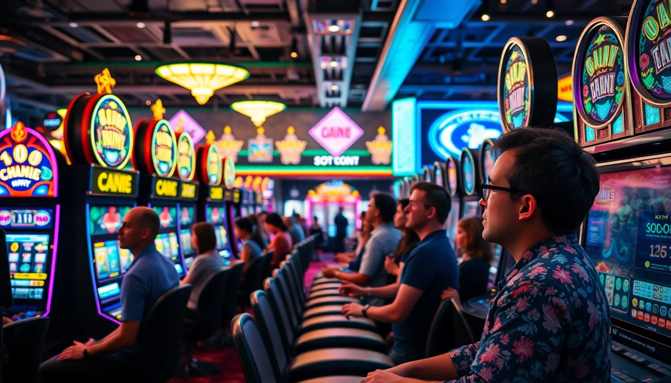 Putaran slot gacor hari ini dengan lampu menyala dan pemain yang antusias di kasino.