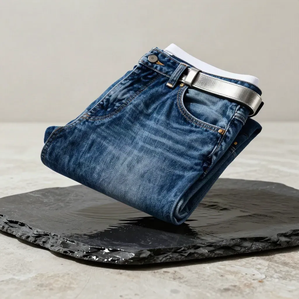 Indigo jeans folded with a white tee and silver belt above wet slate, lit in a dramatic studio