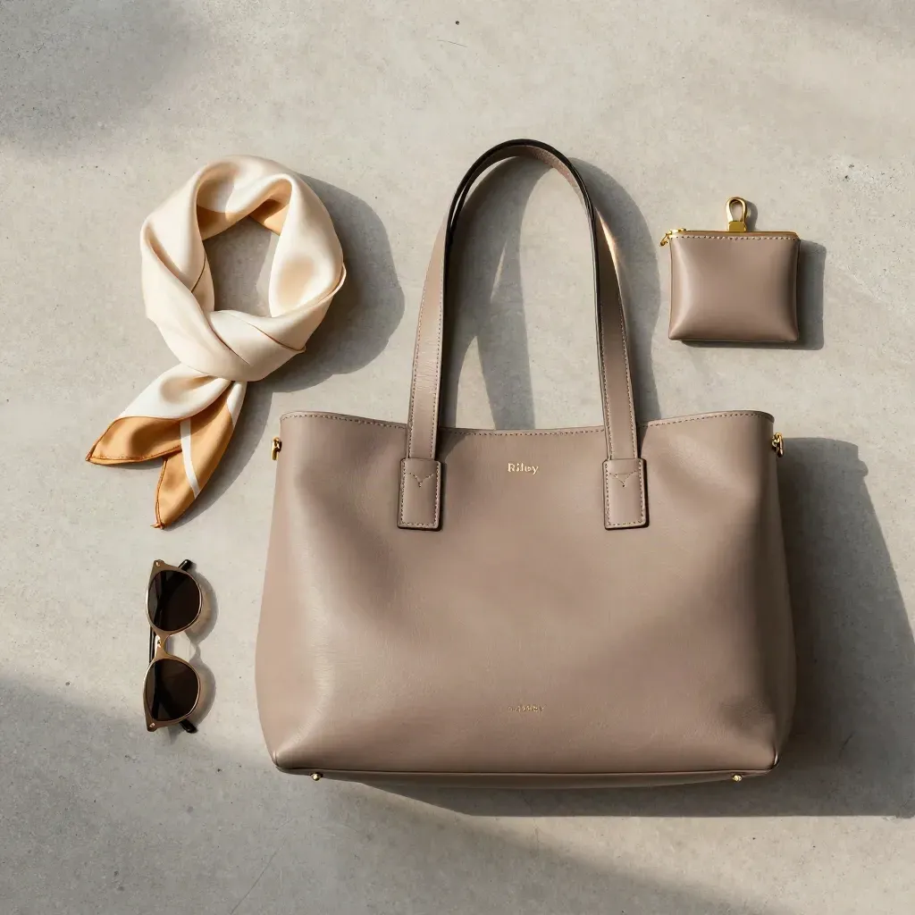 Taupe faux leather tote with scarf, sunglasses case and key pouch on stone slab.