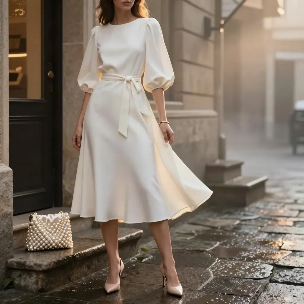 Ivory belted midi dress with heel, pearl clutch, and gold bracelet on rain-wet stone at dusk.