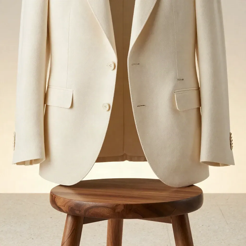 Ivory tailored blazer on a walnut stool, lapels lifted by air, with pocket square and chain.