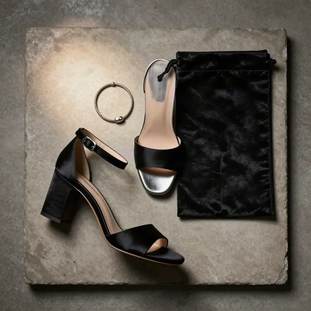 Black satin block heel sandals with anklet and dust bag on pale concrete flatlay